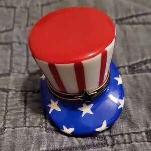 Limoges Trinket Box Patriotic Red, White, and Blue Hat Accent